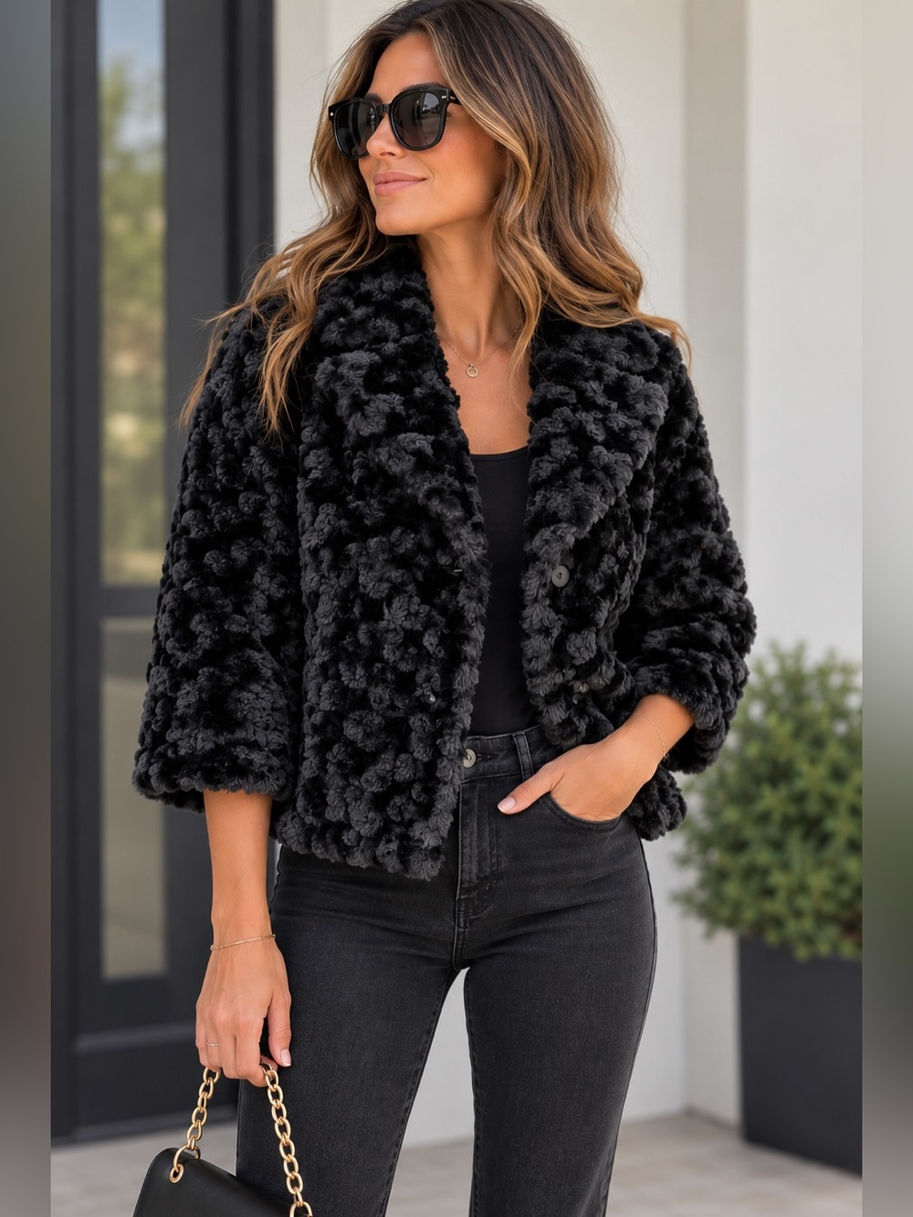 INC Women’s Black Faux Fur Plush Teddy Coat 3/4 Sleeve Cropped Mob wife event